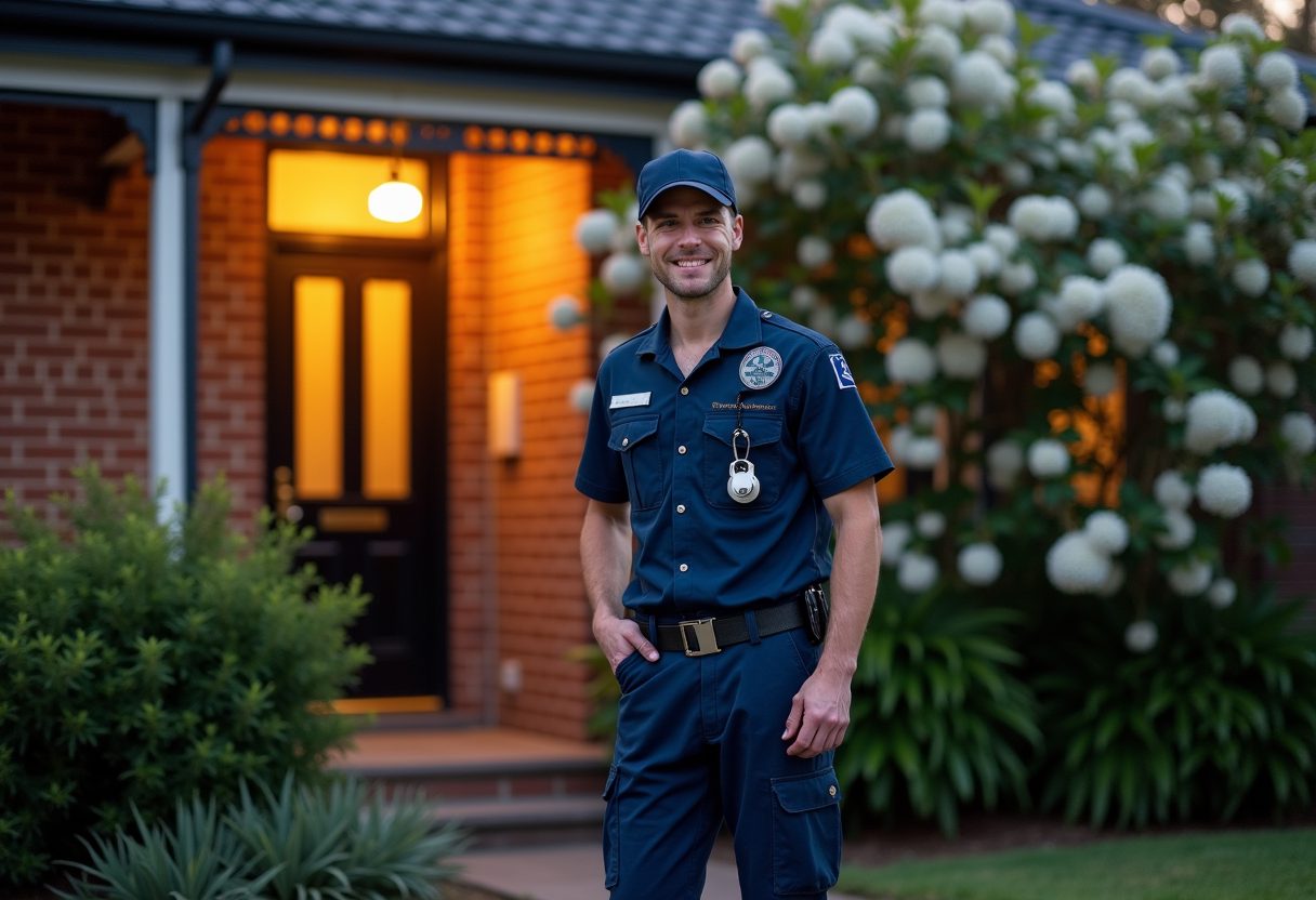 Locksmith opening a Federation home's front door at dusk — Glenorie